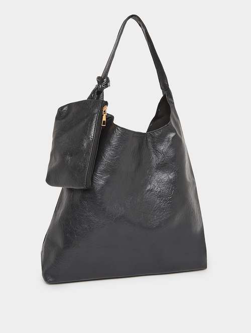 black pu textured shoulder bag with pouch - 21971493 - Standard Image - 0