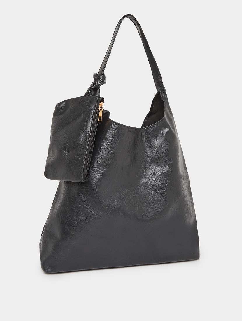 black pu textured shoulder bag with pouch - 21971493 - Zoom Image - 0