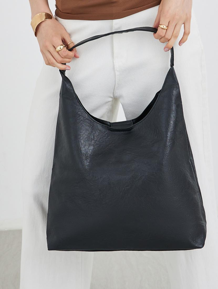 black pu textured shoulder bag with pouch - 21971493 - Standard Image - 2