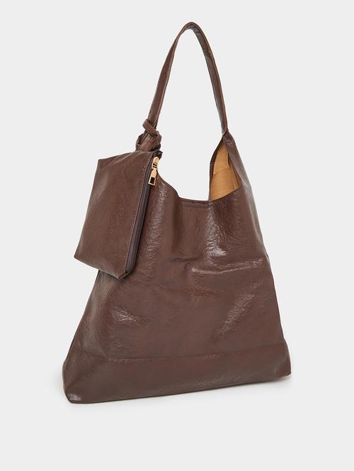 brown textured pu shoulder bag with pouch - 21971494 - Standard Image - 0