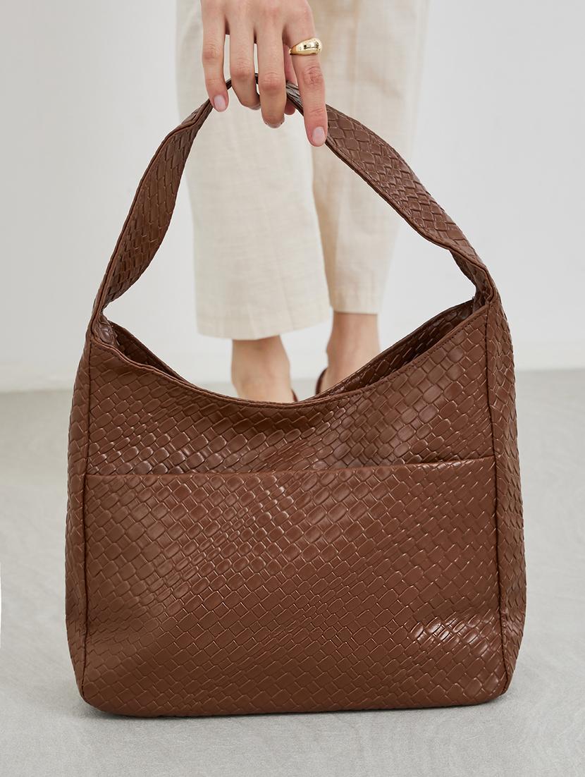 brown woven textured shoulder bag handbag - 21971496 - Standard Image - 2