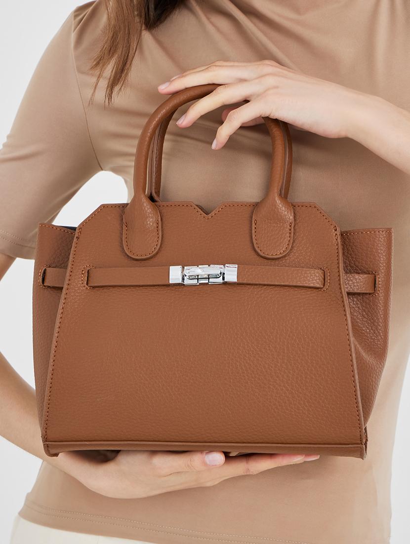 textured brown pu leather handheld bag - 21971502 - Standard Image - 2