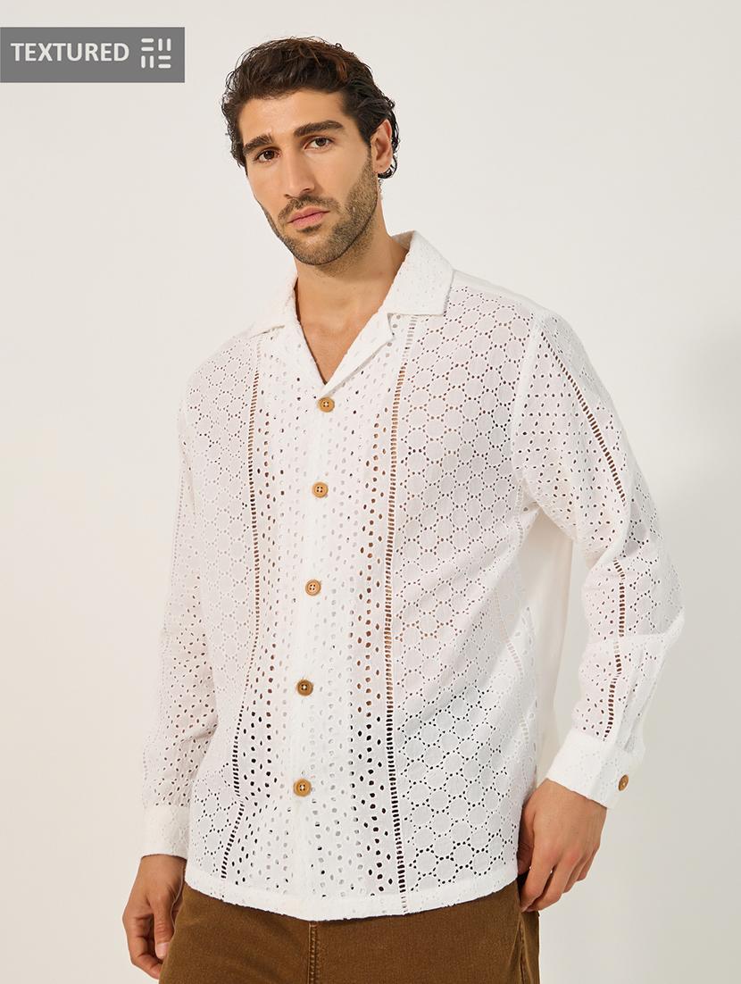 men self design long sleeve loose fit casual shirt