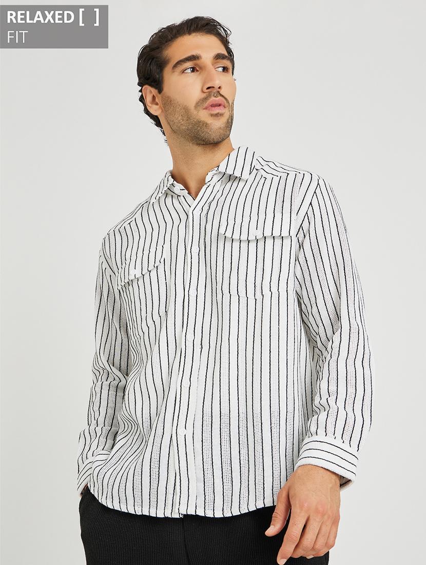 men striped long sleeve loose fit casual shirt