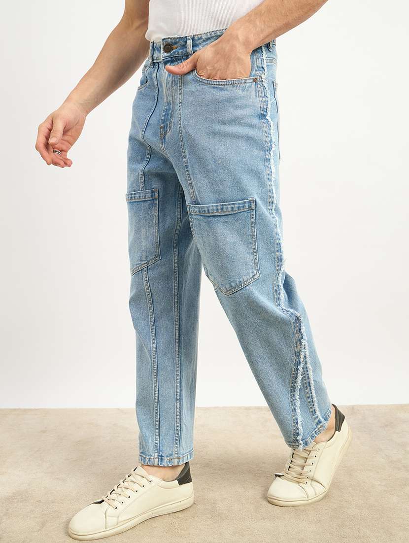 men light blue solid mid rise regular fit cargo