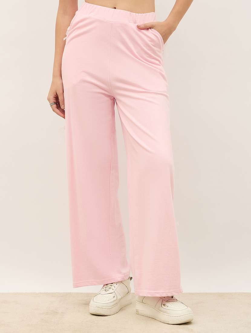 women pink solid high rise track pant