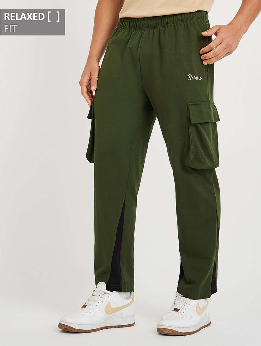 olive cotton men solid mid rise relaxed fit cargo