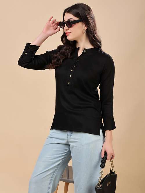 regular fit black cotton blend notch neck top - 21971802 - Standard Image - 0