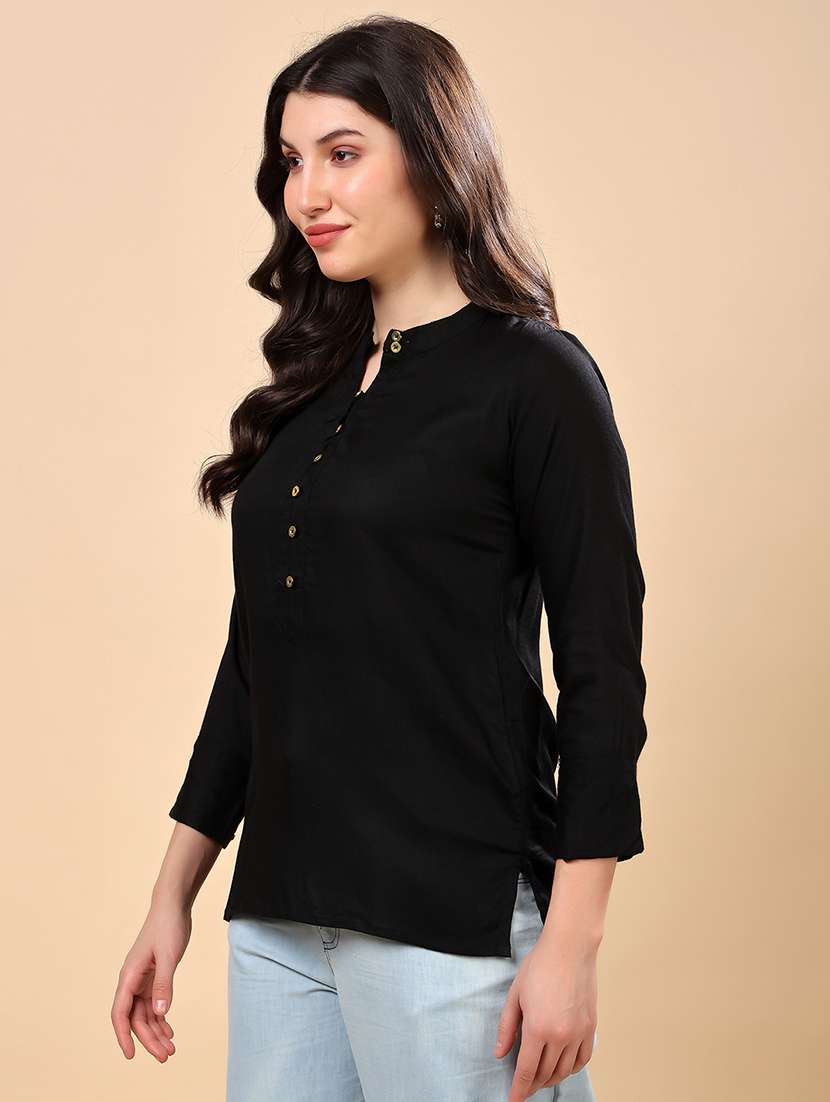 regular fit black cotton blend notch neck top - 21971802 - Standard Image - 2