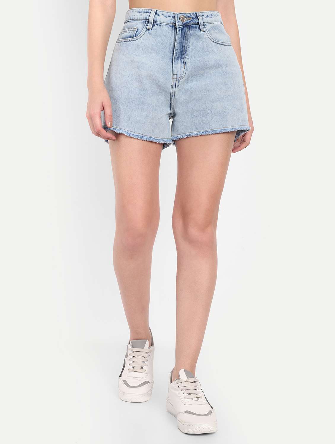 women solid high rise denim shorts