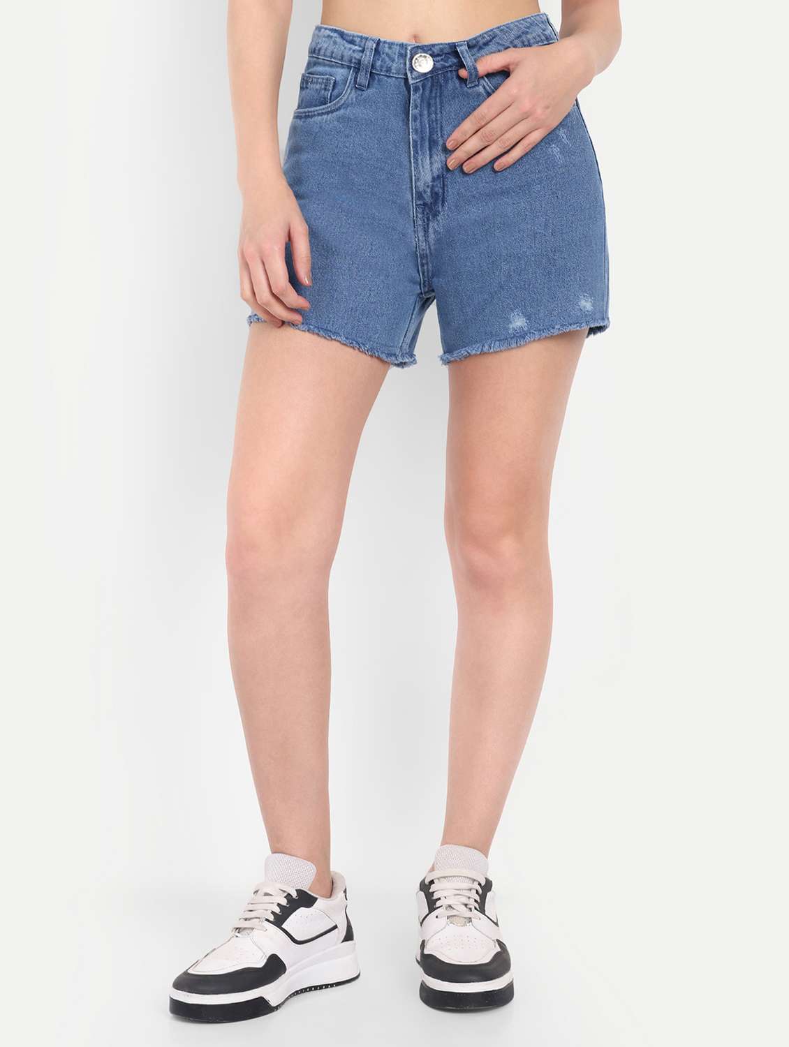 women solid high rise distressed denim shorts