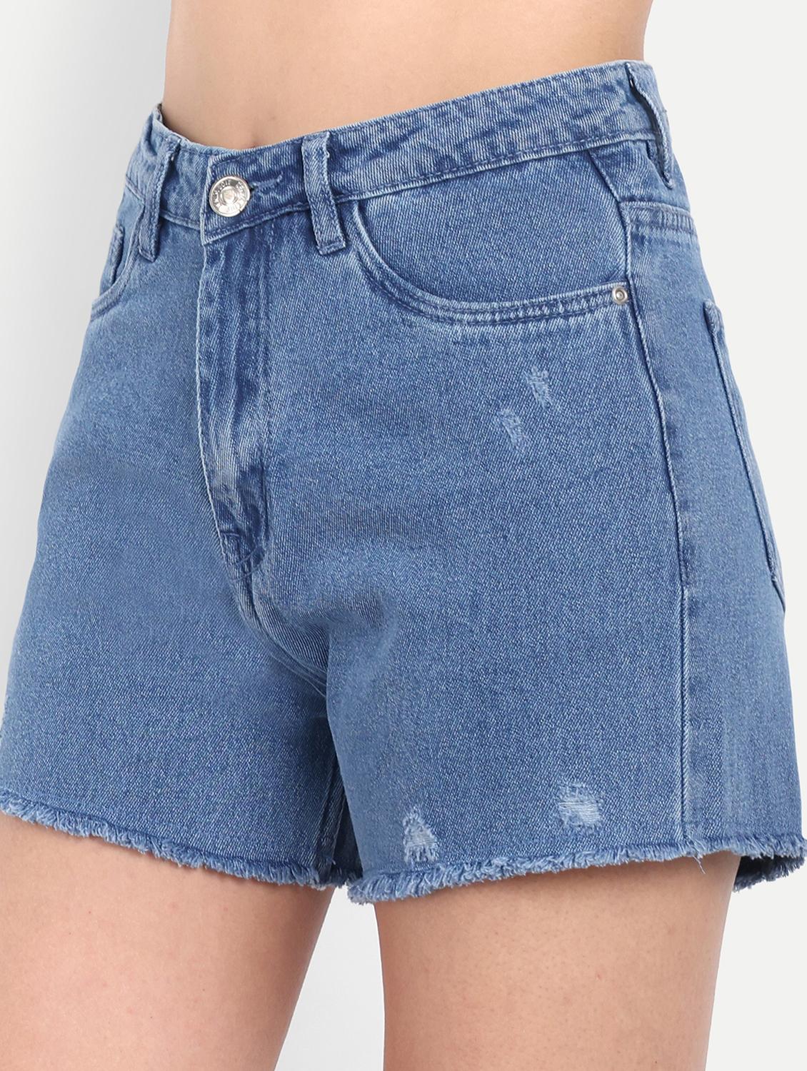 women solid high rise distressed denim shorts - 21971844 - Standard Image - 2