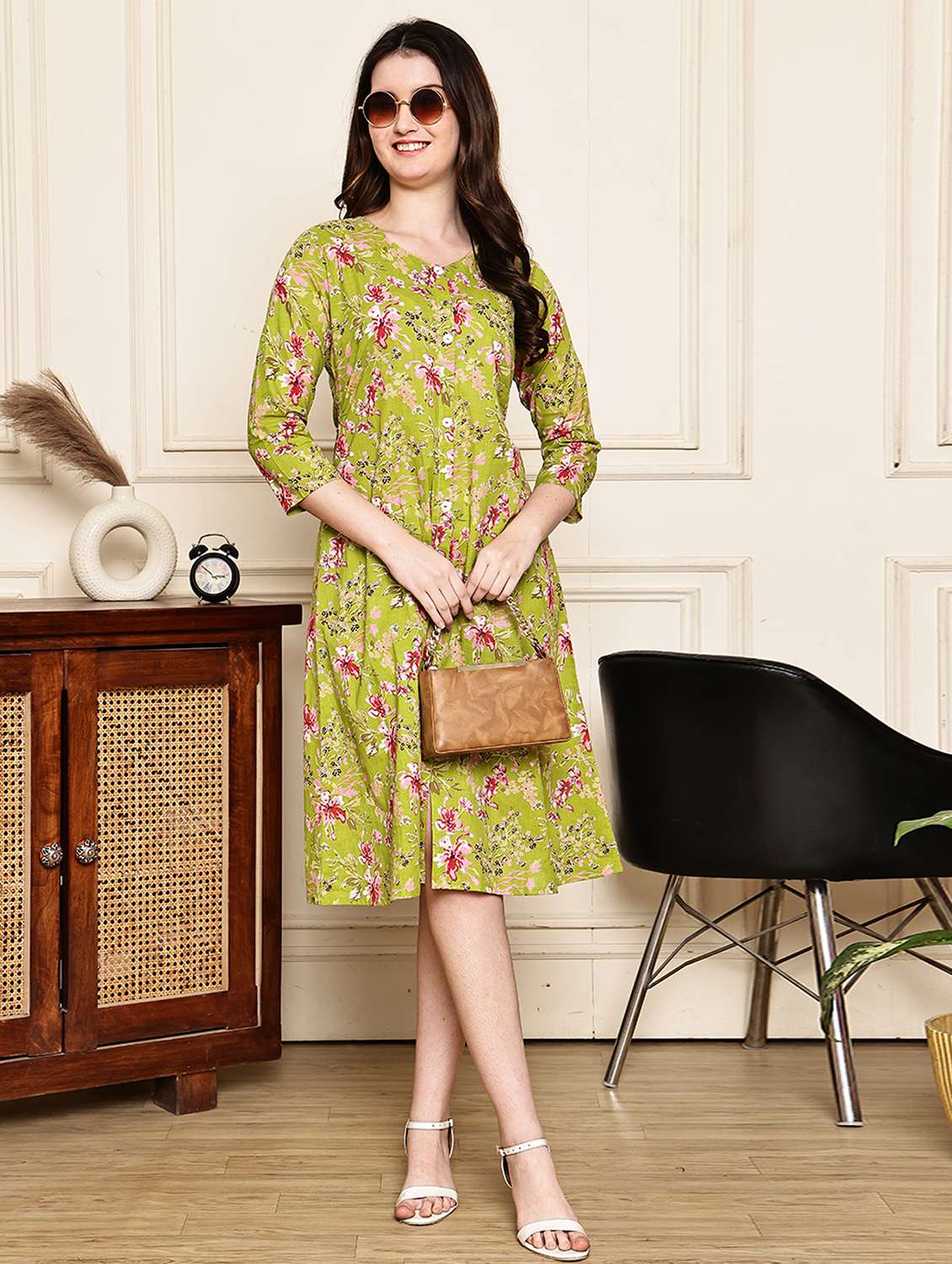 green cotton aline dress
