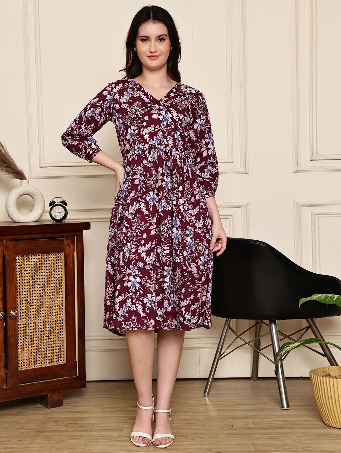 maroon cotton aline dress