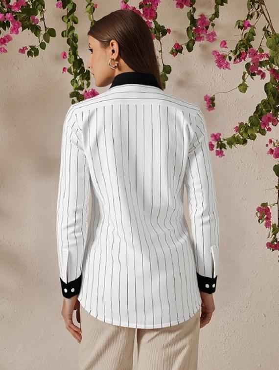 women striped collared long sleeve regular shirt - 21972211 - Standard Image - 2