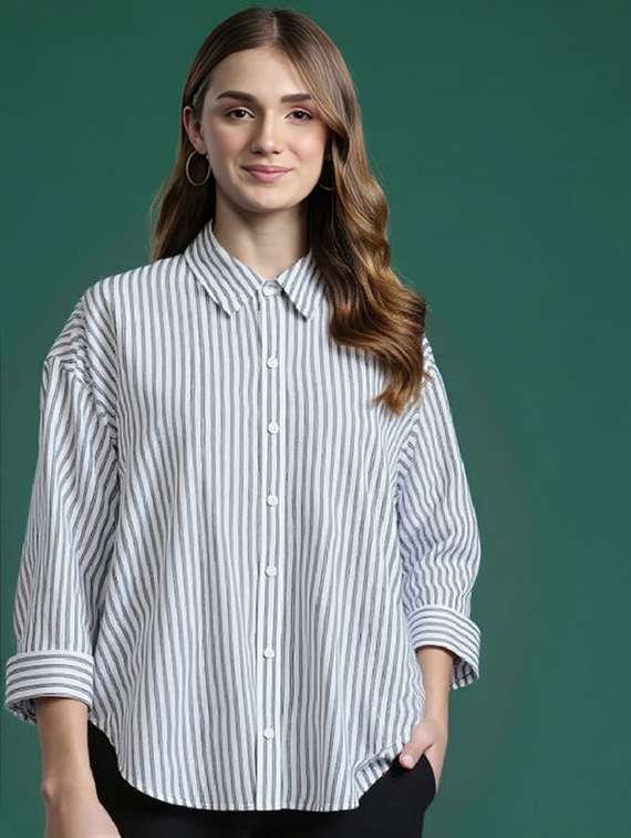 women striped collared long sleeve relaxed shirt