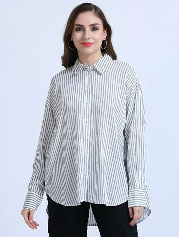 women striped collared long sleeve high low shirt