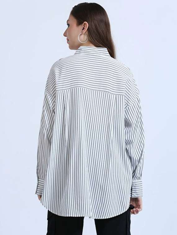 women striped collared long sleeve high low shirt - 21972223 -  Standard Image - 2