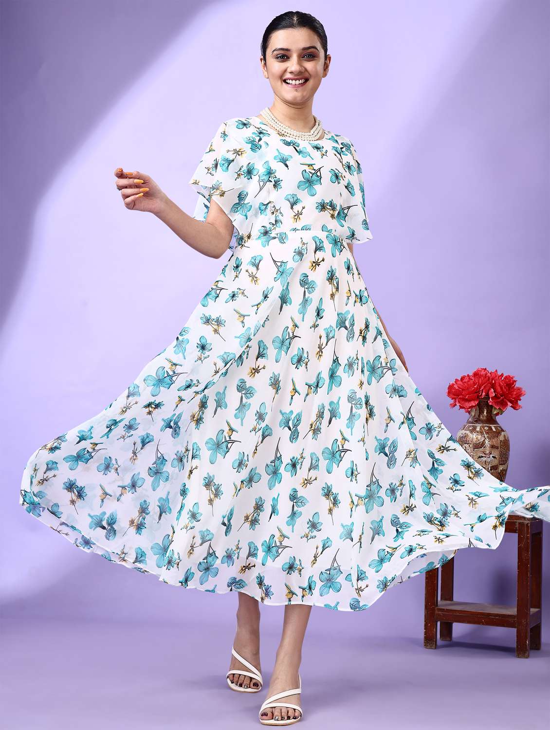 women printed flared sleeve fit & flare dress