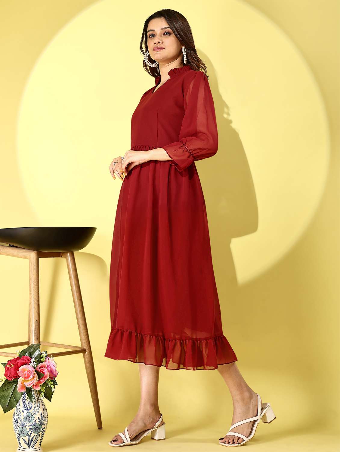 women solid mandarin neck puff sleeve tiered dress - 21972228 -  Standard Image - 2