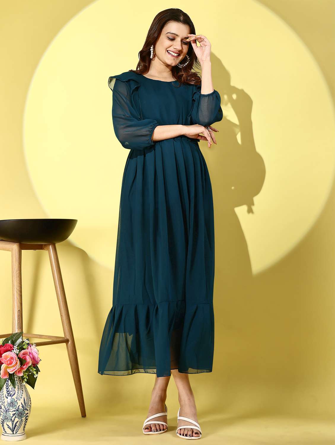 women solid puff sleeve tiered ress - 21972229 -  Standard Image - 2