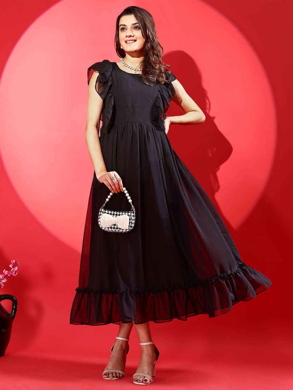 women black solid ruffle sleeve tiered dress