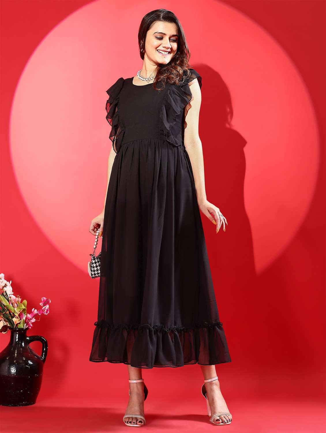 women black solid ruffle sleeve tiered dress - 21972231 -  Standard Image - 2