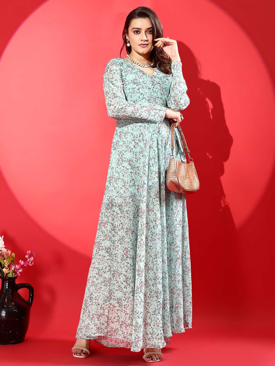 women printed puff sleeve fit & flare maxi dress