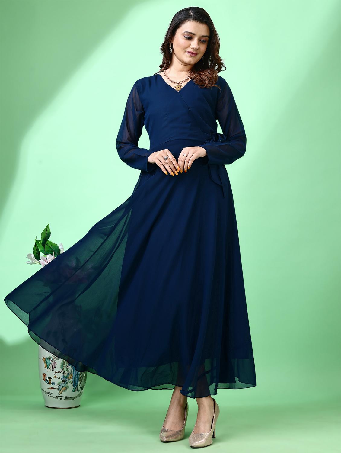 women solid long sleeve fit & flare maxi dress - 21972235 - Zoom Image - 0