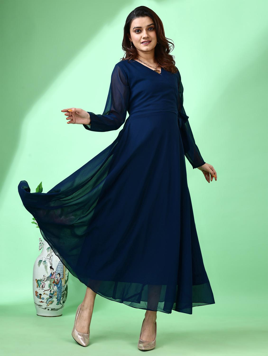 women solid long sleeve fit & flare maxi dress - 21972235 - Standard Image - 2