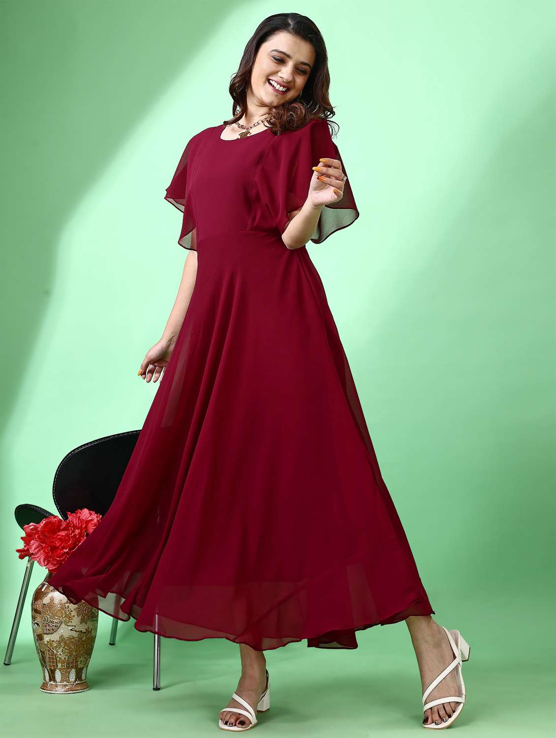 women maroon solid flared sleeve fit & flare dress - 21972240 -  Standard Image - 2
