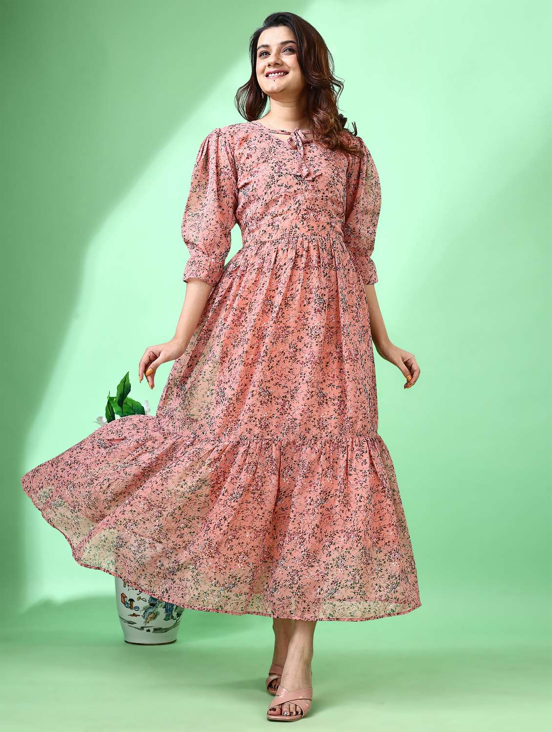 women floral print puff sleeve tiered dress