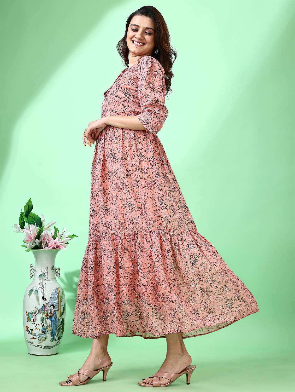 women floral print puff sleeve tiered dress - 21972242 -  Standard Image - 2