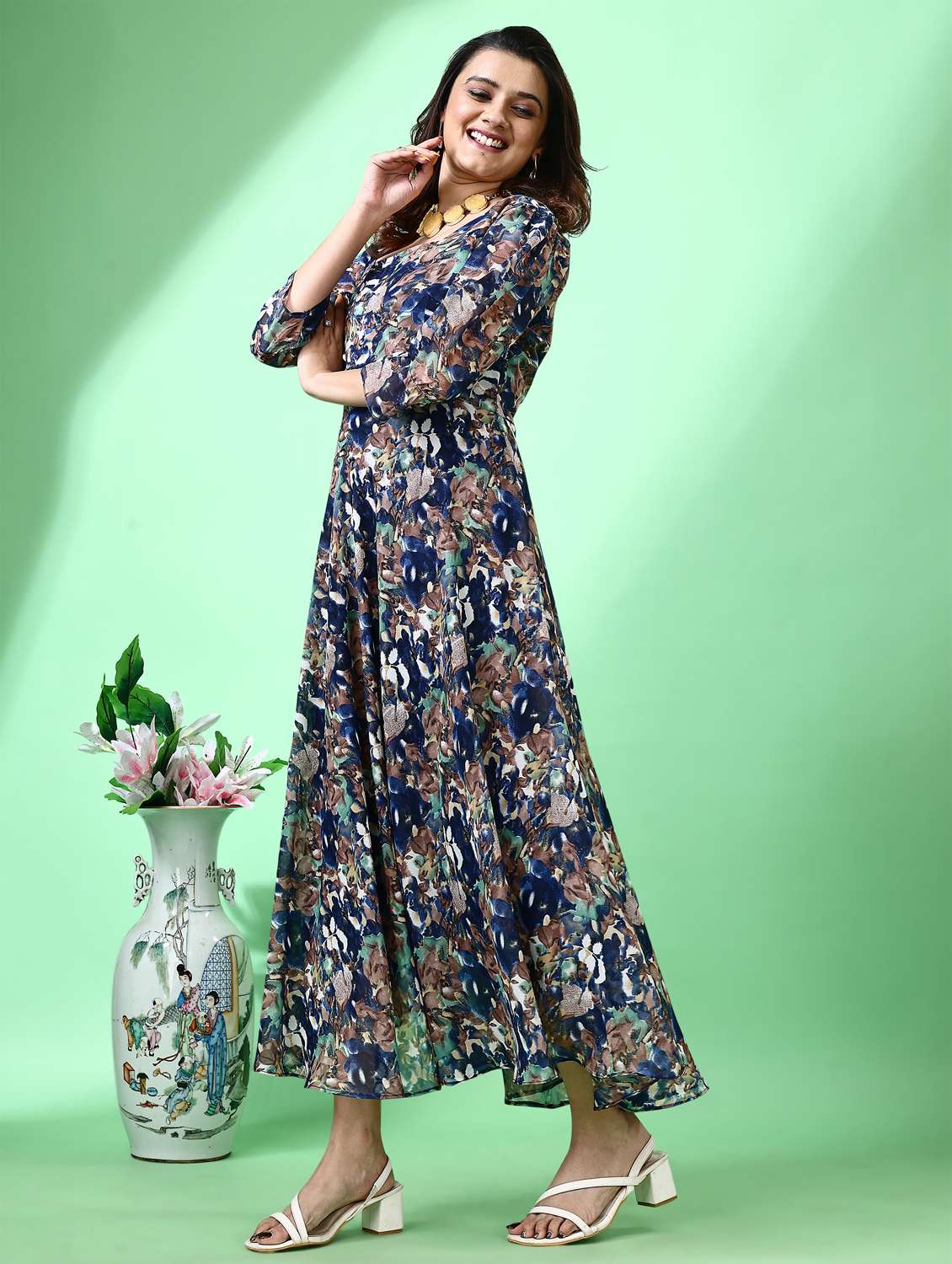 women floral print puff sleeve fit & flare dress - 21972244 - Standard Image - 2