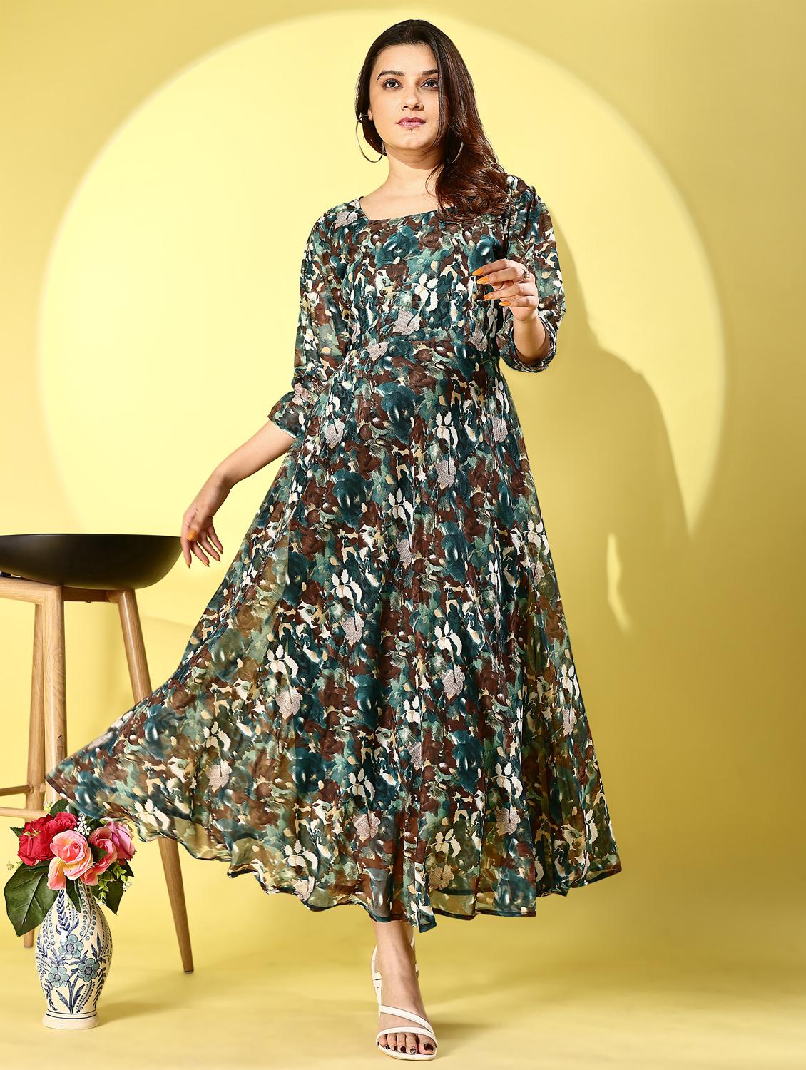 women printed puff sleeve fit & flare dress - 21972245 - Zoom Image - 0