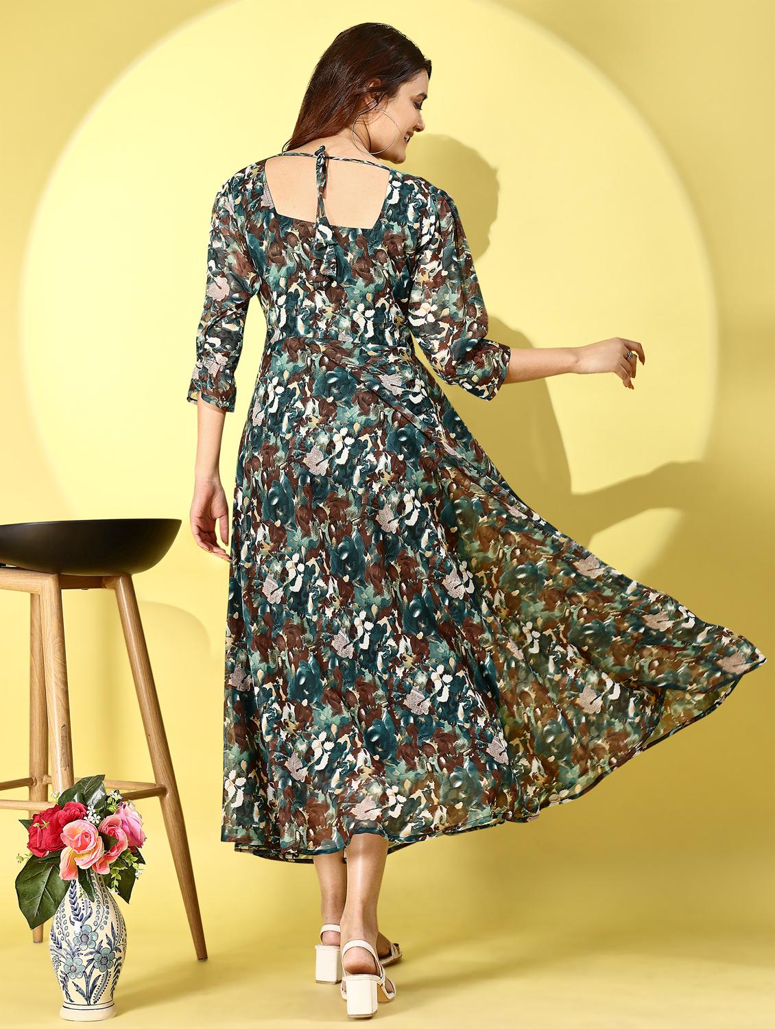 women printed puff sleeve fit & flare dress - 21972245 - Standard Image - 2