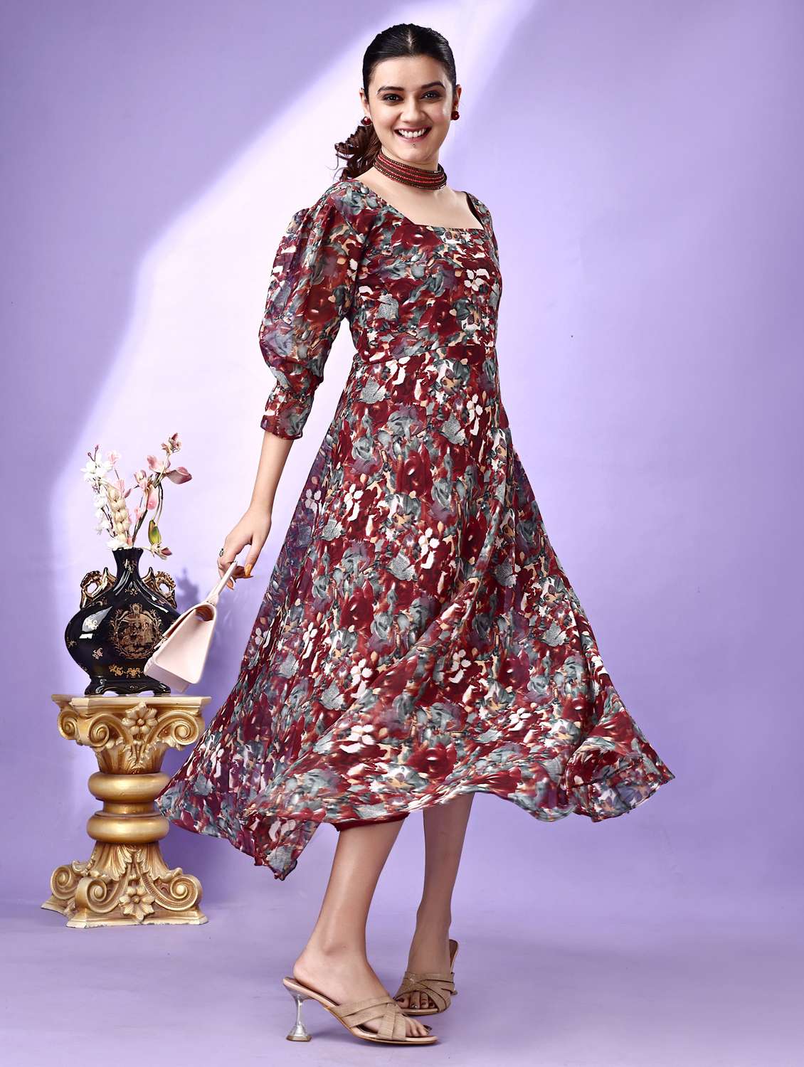 women printed puff sleeve fit & flare maxi dress - 21972246 -  Standard Image - 2