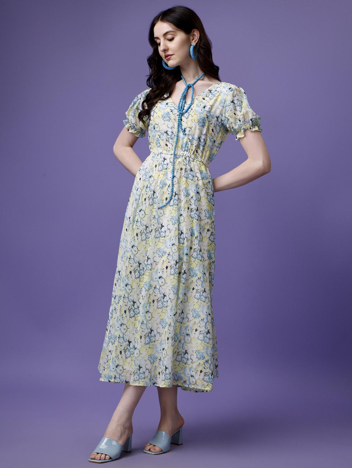 women floral print puff sleeve fit & flare dress - 21972248 - Standard Image - 2