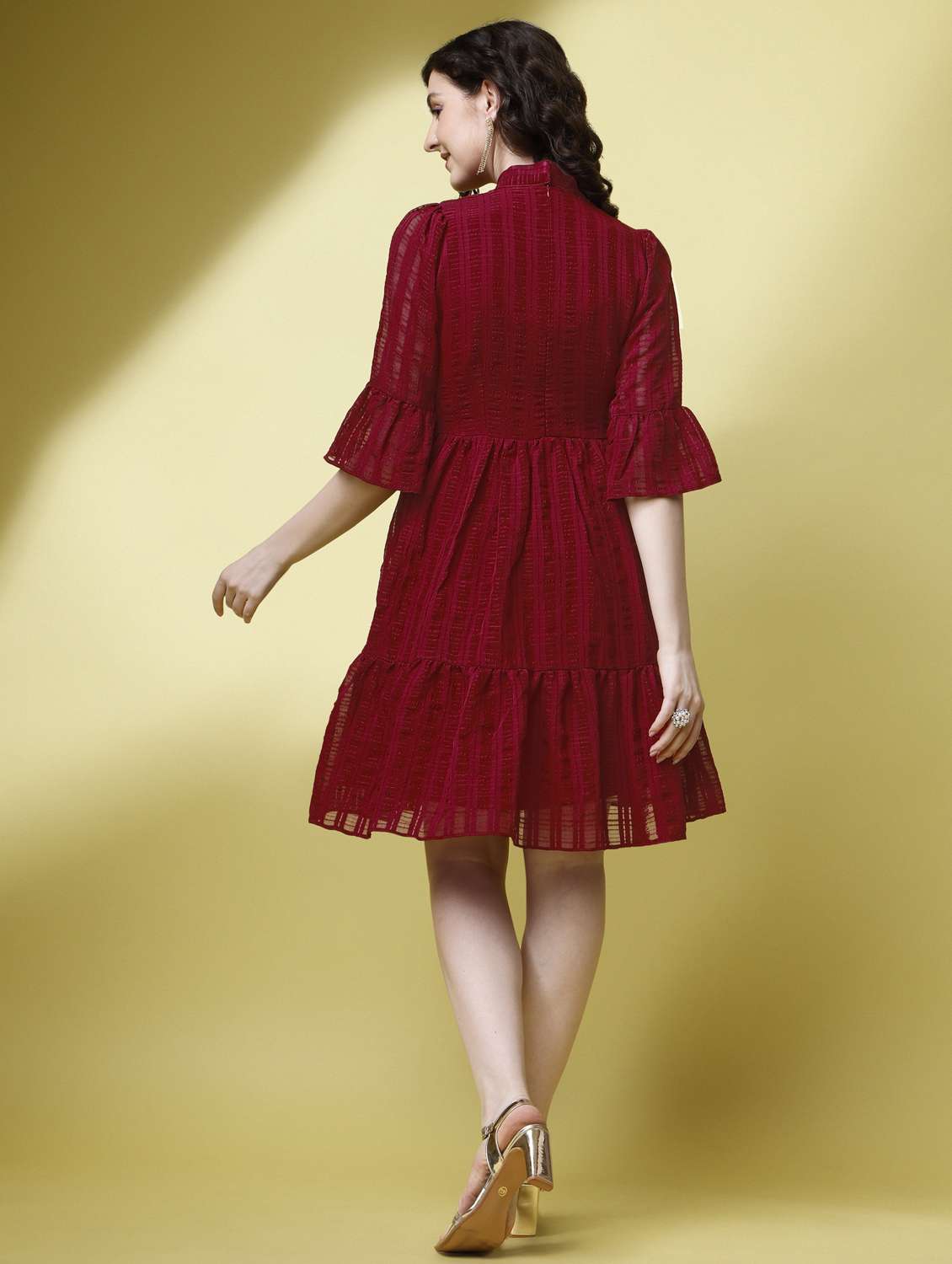 women maroon solid bell sleeve tiered dress - 21972249 -  Standard Image - 2