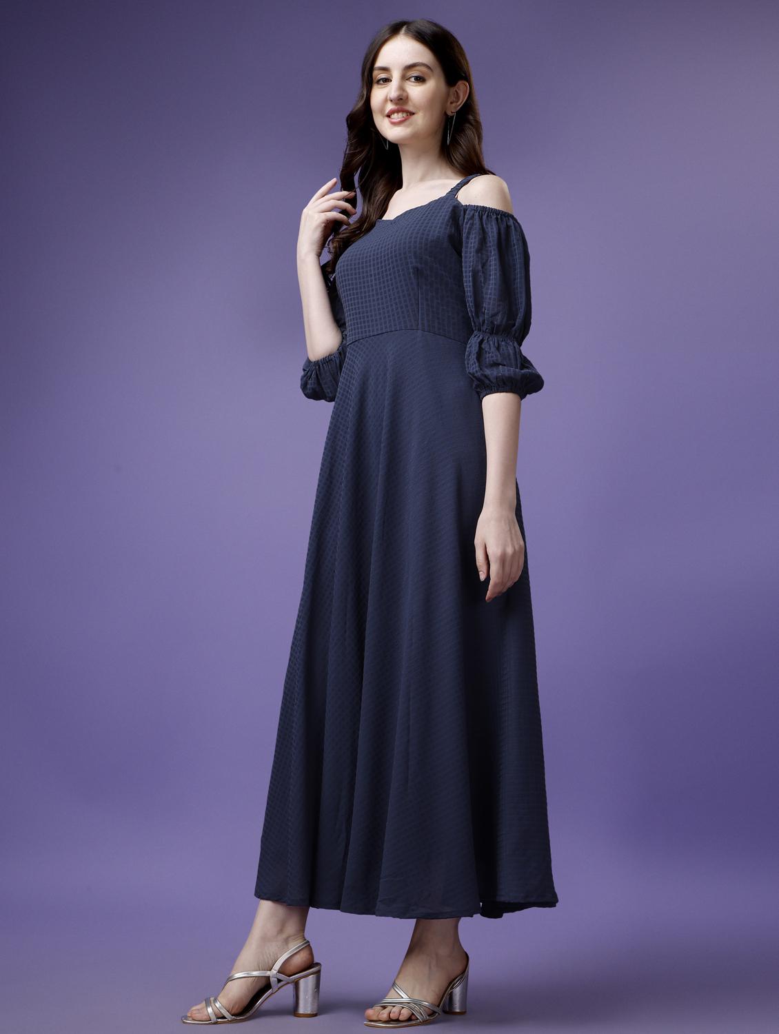 women blue solid cold shoulder fit & flare dress - 21972251 - Standard Image - 2