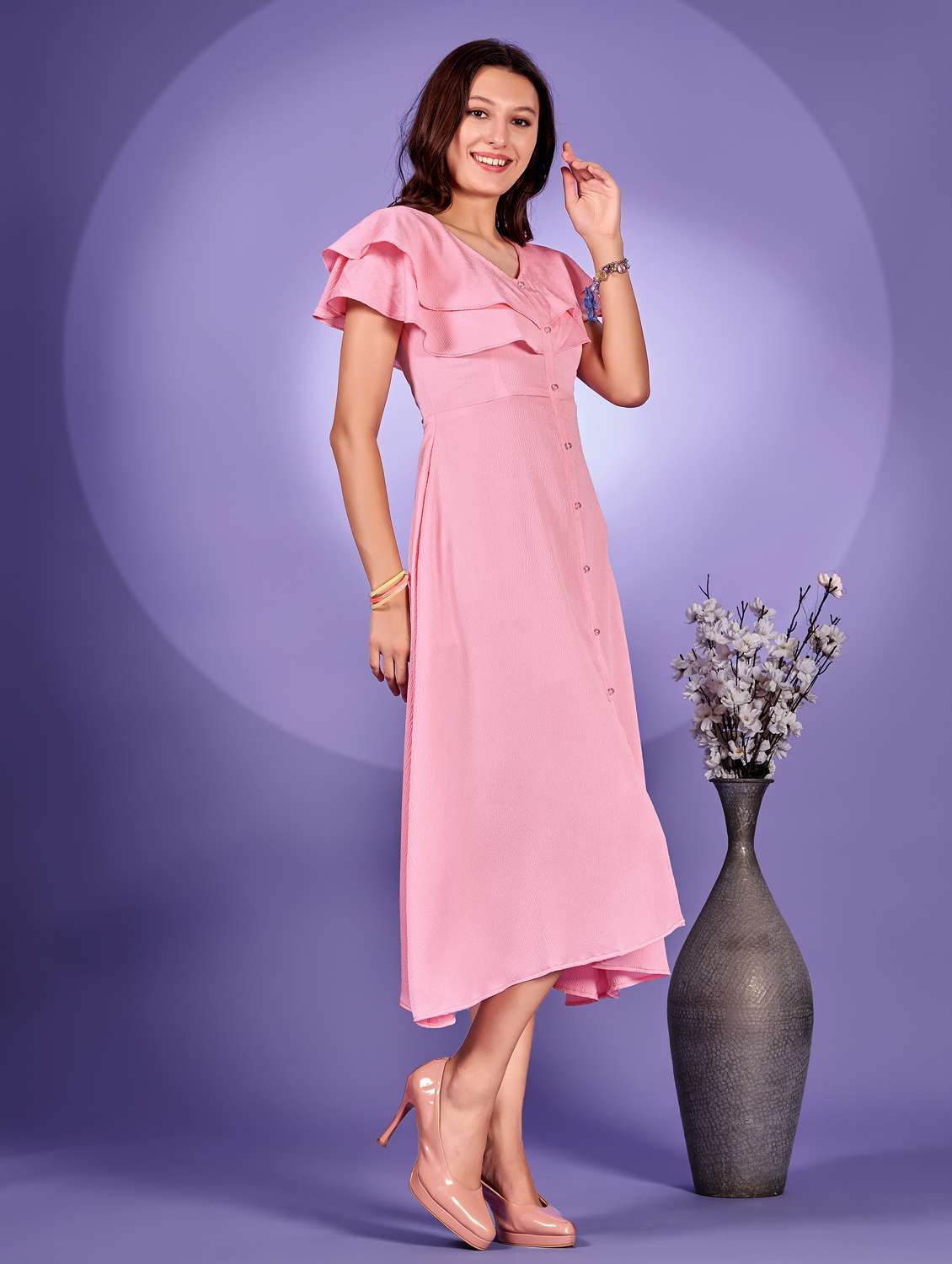 women pink solid ruffle sleeve a-line dress - 21972252 -  Standard Image - 2