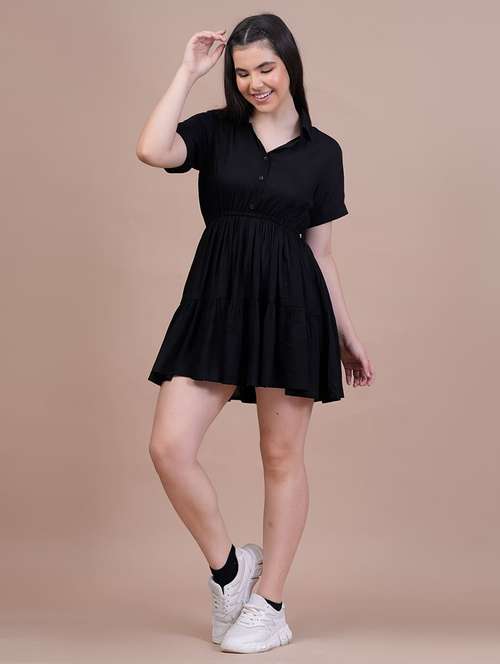women black solid short sleeve tiered dress - 21972261 - Standard Image - 0
