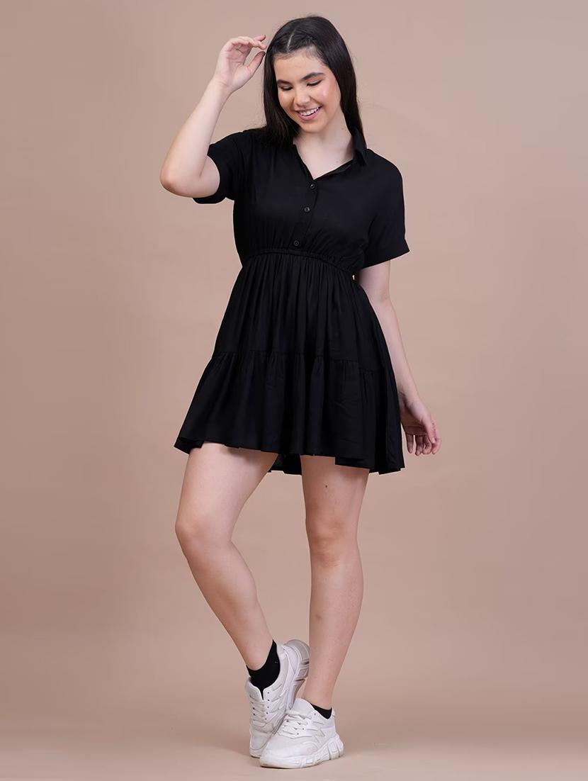 women black solid short sleeve tiered dress - 21972261 - Zoom Image - 0