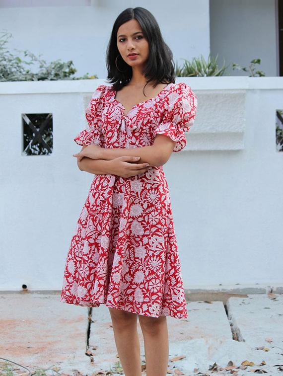 women printed puff sleeve fit & flare dress - 21972262 - Standard Image - 2