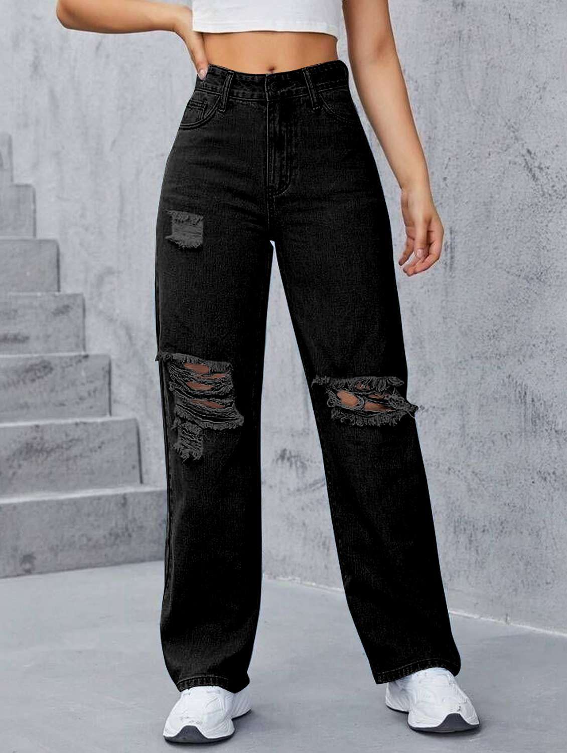 women solid high rise distressed straight fit jeans