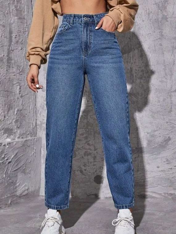 women solid high rise mom fit jean
