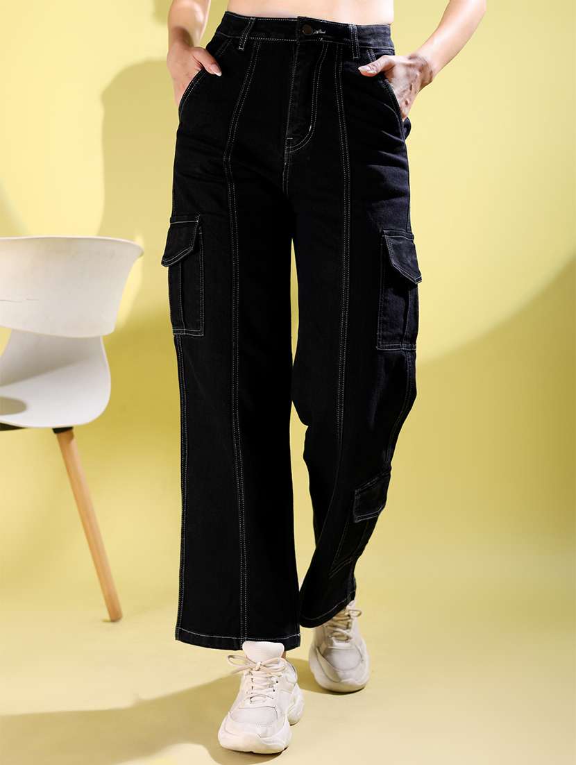 women solid high rise denim cargo