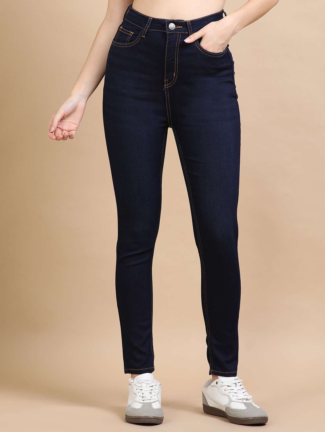women solid high rise slim fit jean