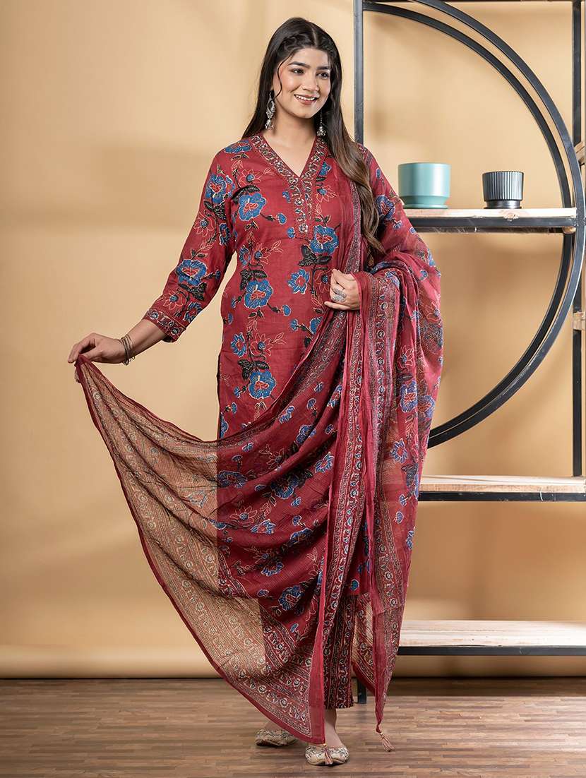 women three quarter sleeve kurta pant with dupatta set