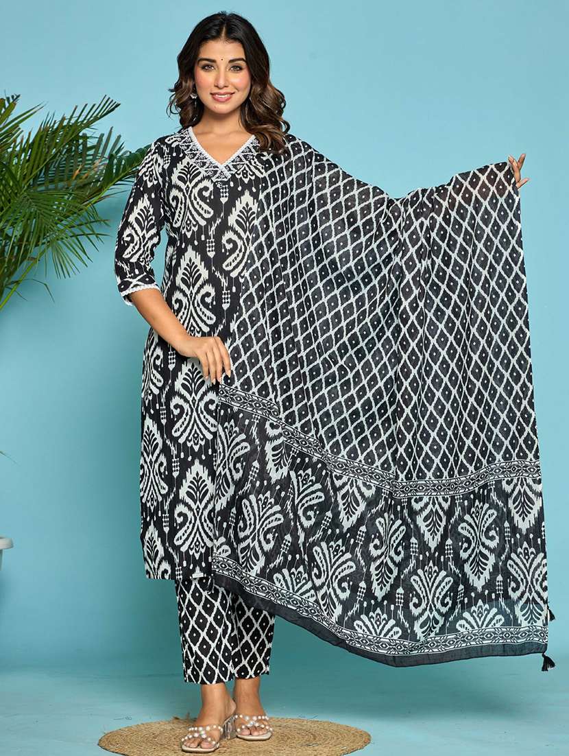 women three quarter sleeve kurta pant with dupatta set